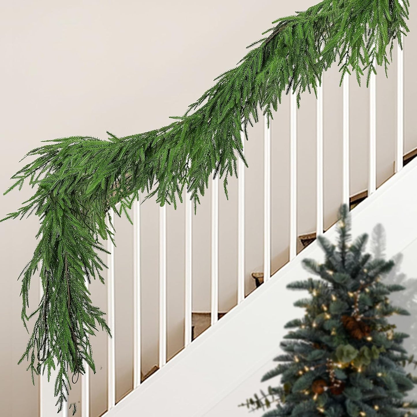 Watayo 4 Pcs Christmas Norfolk Pine Garland, 6 Ft Dense Real Touch Pine Garland Ornament, Realistic Artificial Pines Greenery Garlands for Mantle, Table, Fireplace, Indoor, Outdoor Xmas Decoration