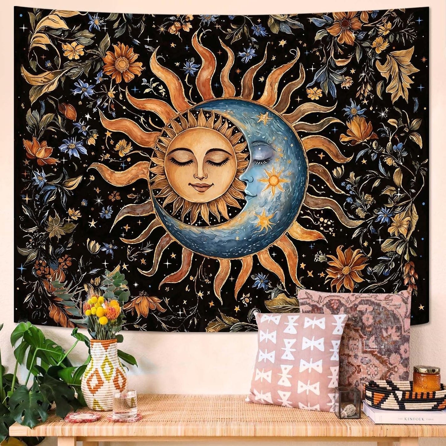 Aipon Sun and Moon Tapestry for Bedroom Boho Vintage Floral Hippie Wall Tapestry Aesthetic Retro Flower Plant Small Tapestries Wall Hanging for Living Room Dorm Decor 60 x 44 Inch