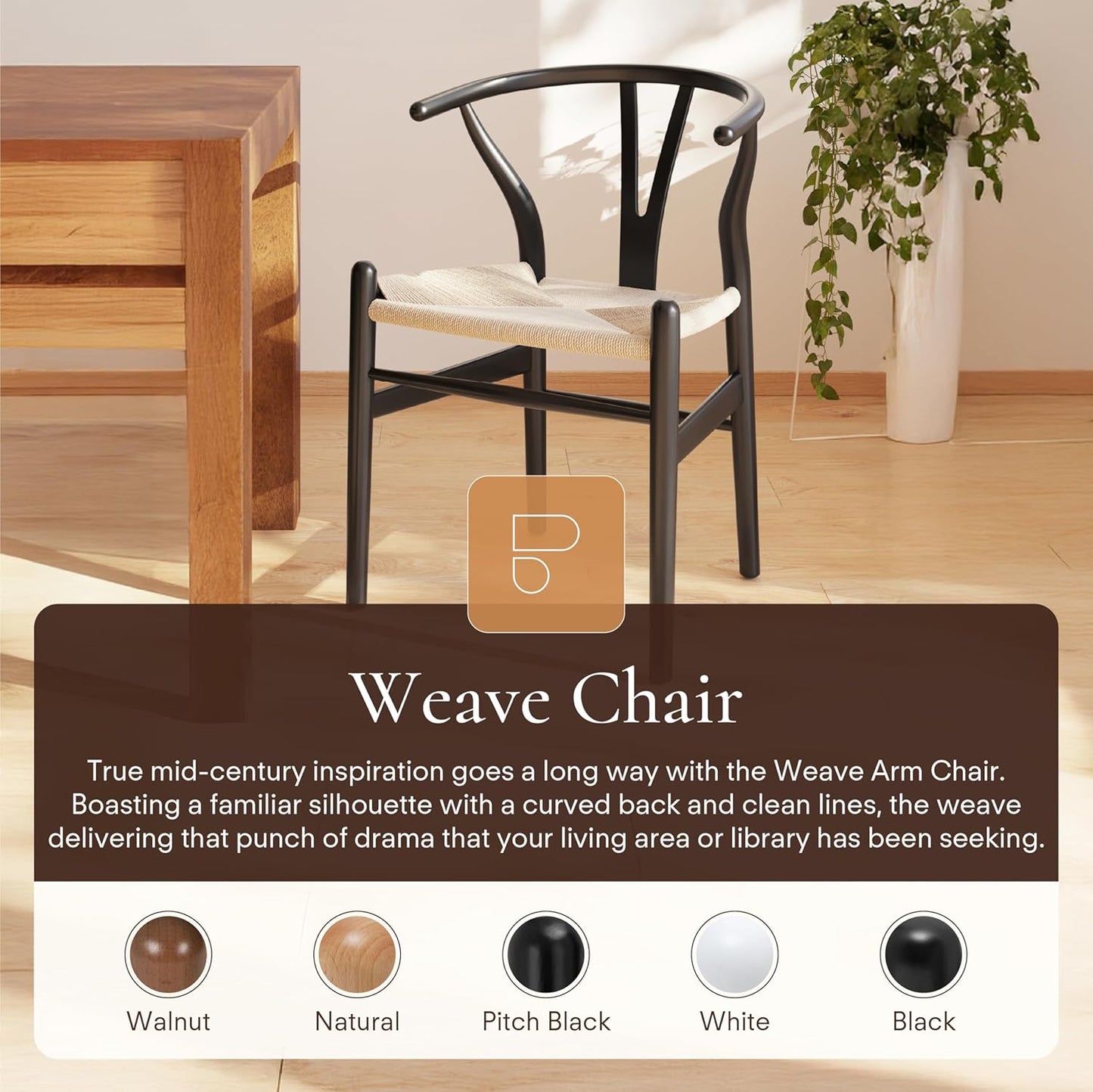 POLY & BARK Weave Dining Chair – Mid-Century Modern Wishbone Dining Chair with Arms, Solid Wood Frame, Indoor Use – Black – Single - Ideal for Dining Room, Kitchen or Stylish Accent Setting