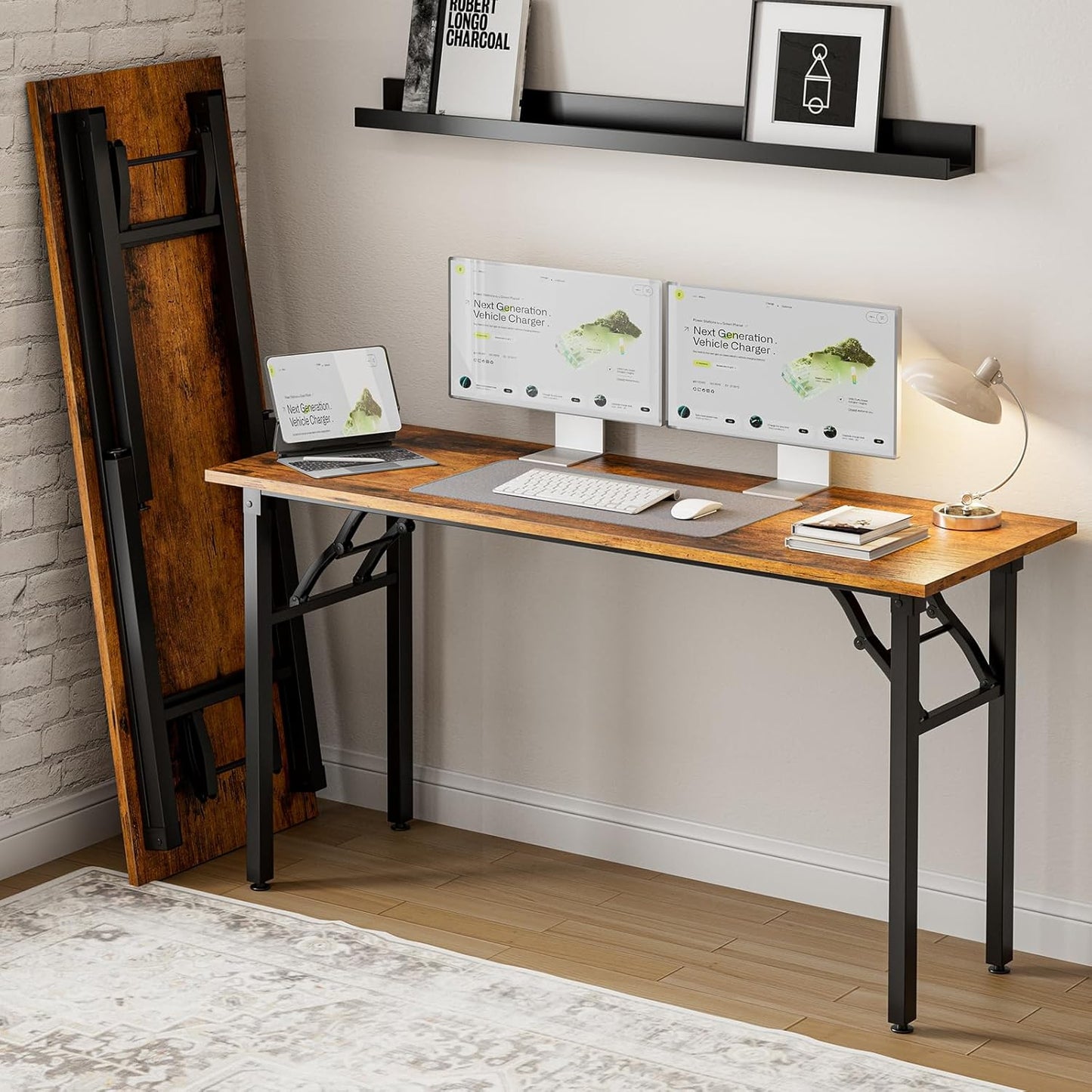 Frylr Small Folding Computer Desk – Portable 55.1 Inch Foldable Laptop Table, Collapsible and Compact for Easy and Fast Setup, Lightweight for Small Spaces, Home Craft and Study Use, Rustic Brown