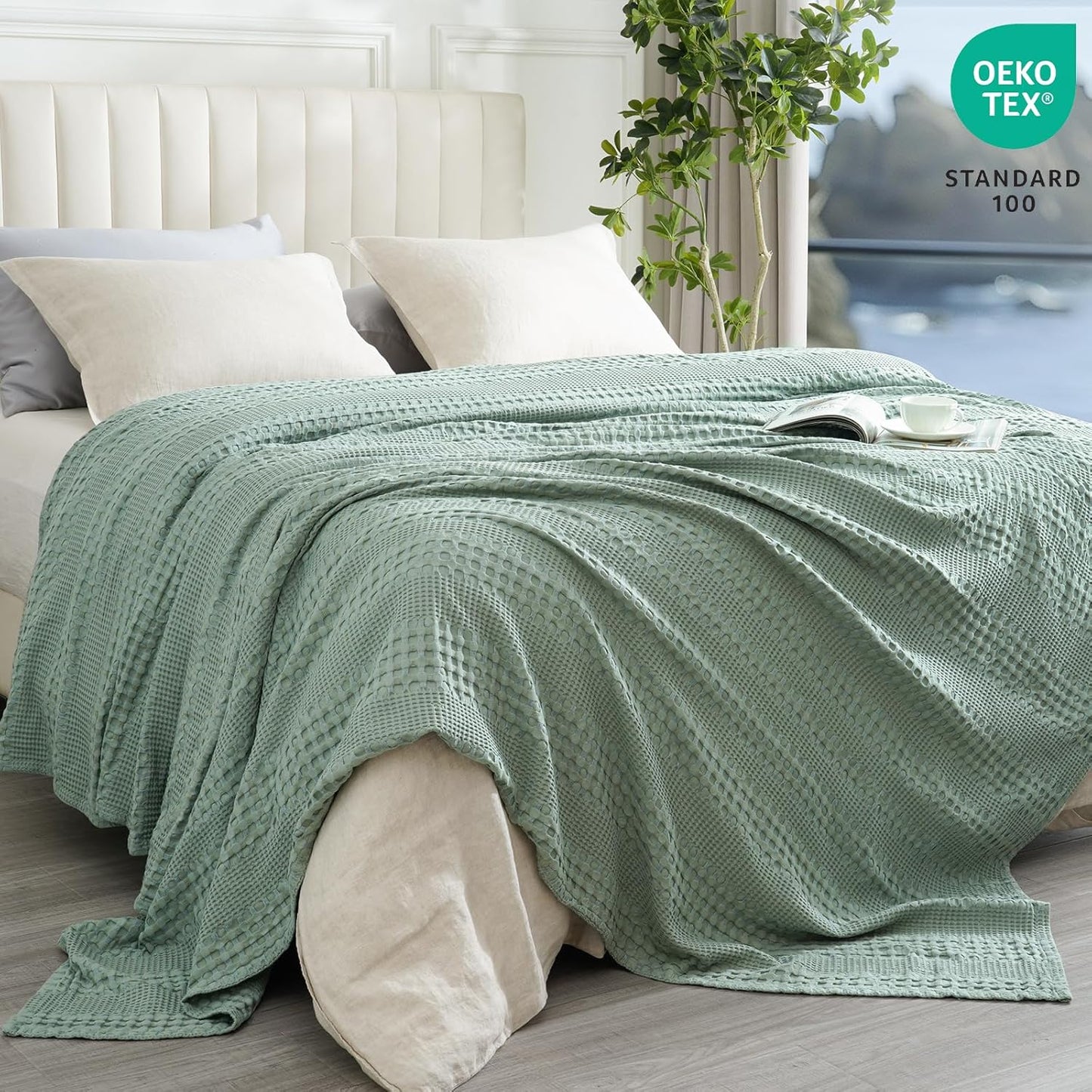 PHF Cooling Waffle Blanket Queen Size, Lightweight 60% Rayon Derived from Bamboo & 40% Cotton Breathable Blanket for Hot Sleepers, Soft and Luxury for Bed Couch and Sofa, 90"x90", Sage Green