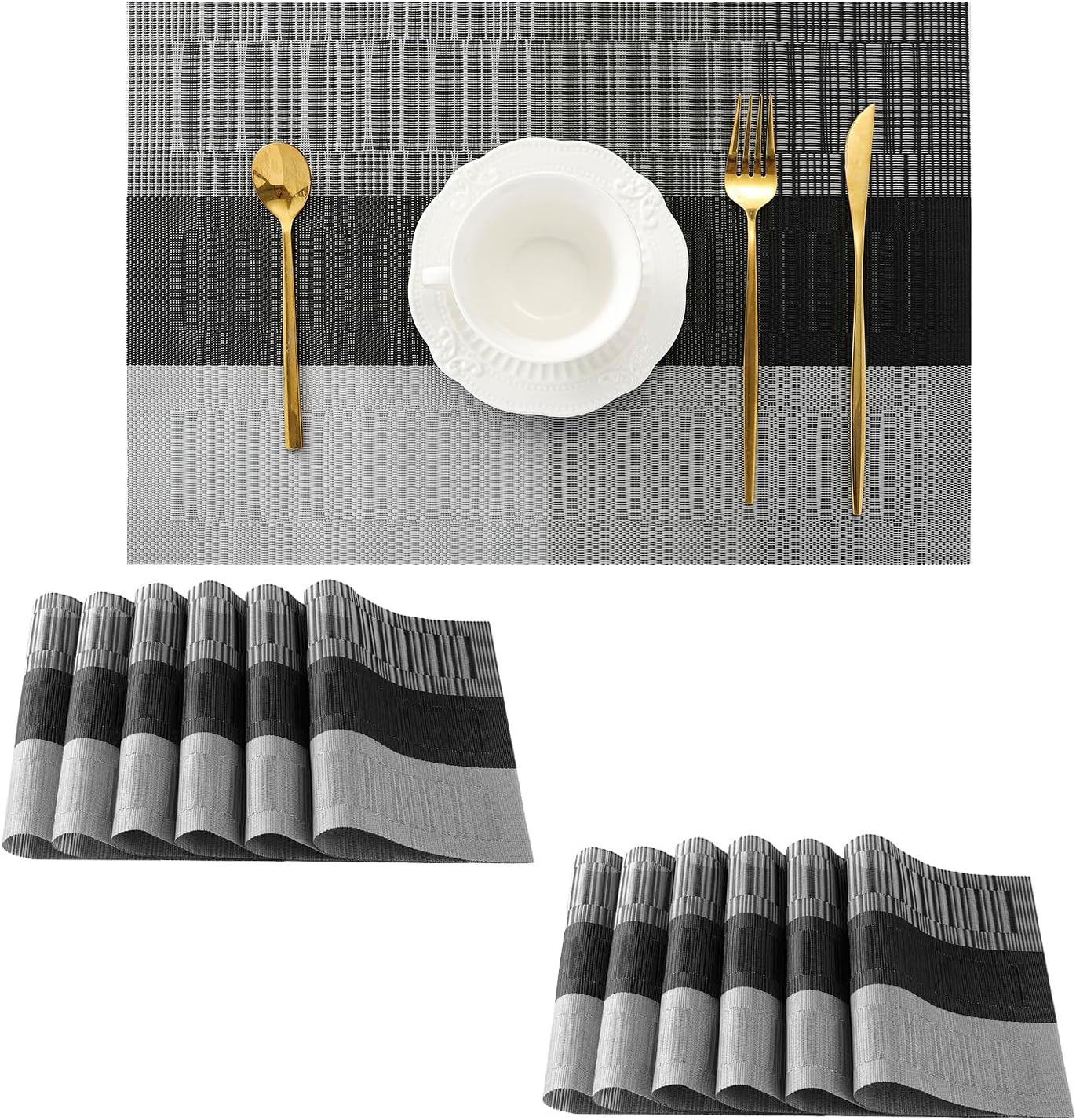 Leetaltree Grey with White Striped Placemats Set of 12 - Heat Resistant Non-Slip Place mats for Dining Table, Washable Durable PVC Vinyl Woven Table Mats（Grey Stripe, 12）