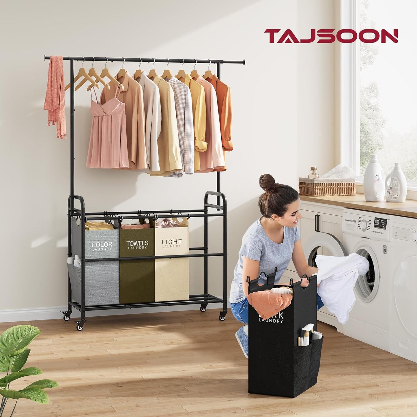 Tajsoon Laundry Sorter Cart with Hanging Clothes Rack, 4 Butler Sorter Basket Organizer, Laundry Hamper Cart with Heavy Duty Rolling Lockable Wheels, 4 Colors