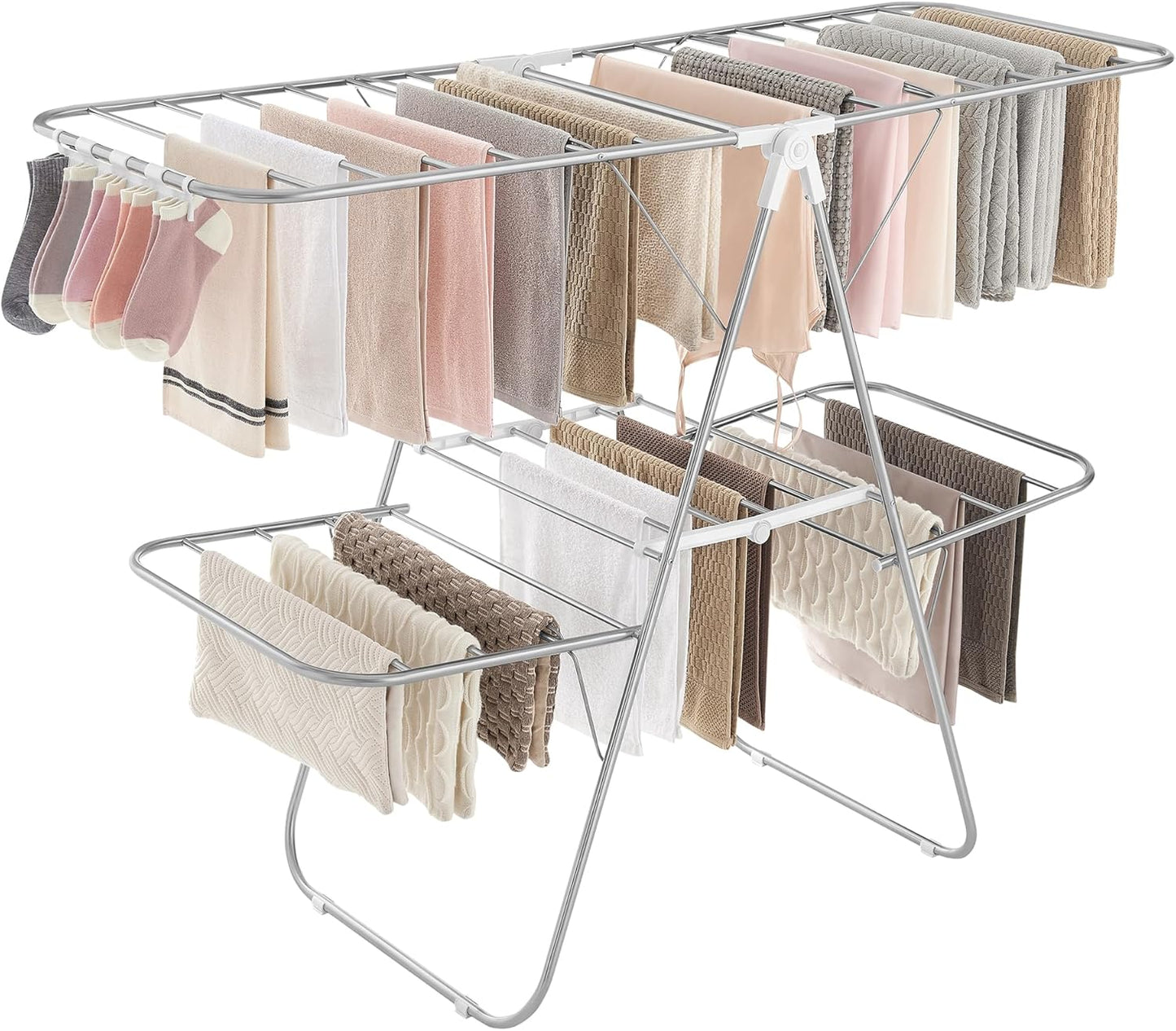 SONGMICS Clothes Drying Rack, Foldable 2-Level Laundry Drying Rack, Free-Standing Laundry Airer, with Height-Adjustable Wings, 33 Drying Rails, Sock Clips, Silver and White ULLR053W01V1