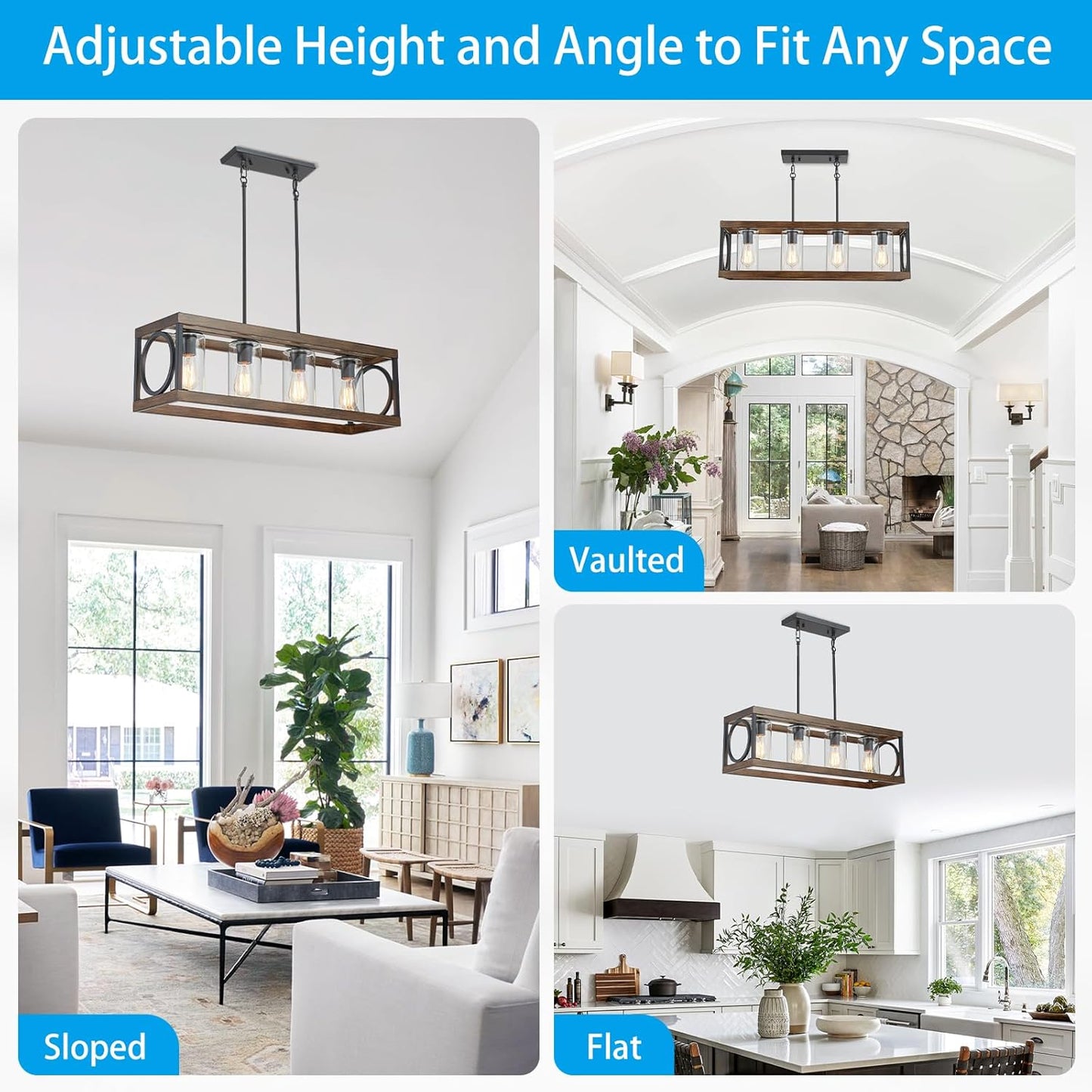 XINGQI Rectangle Chandeliers 31.5" Farmhouse Kitchen Island Lighting Fixture Over Table Modern Vintage Linear Hanging 4-Light for Dining Room Living Room Black Wood Grain Finish with Glass Lampshade