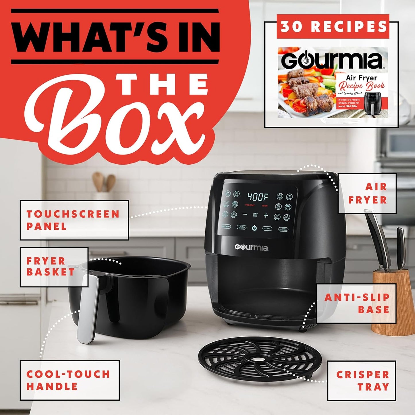 Gourmia Air Fryer Oven Digital Display 4 Quart Large AirFryer Cooker 12 1-Touch Cooking Presets, Black and Stainless Steel Accents Fry Force GAF486