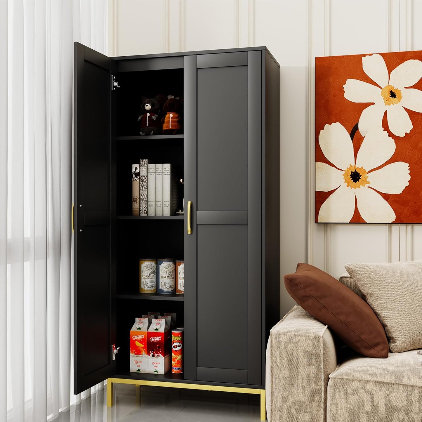 Tall Storage Cabinet, Kitchen Pantry Cabinet with 2 Doors & Adjustable Shelves for Laundry Room, Living Room, Entryway,Bathroom,Black