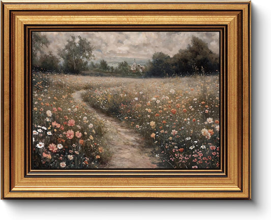 HUARCEY Gold Framed Vintage Wall Art for Living Room, Flowers Painting Prints Shelf Decor for Kitchen, Landscape Bedroom Wall Art, Christmas Gifts for Friends or Family (Flowers Path - 8"x10")