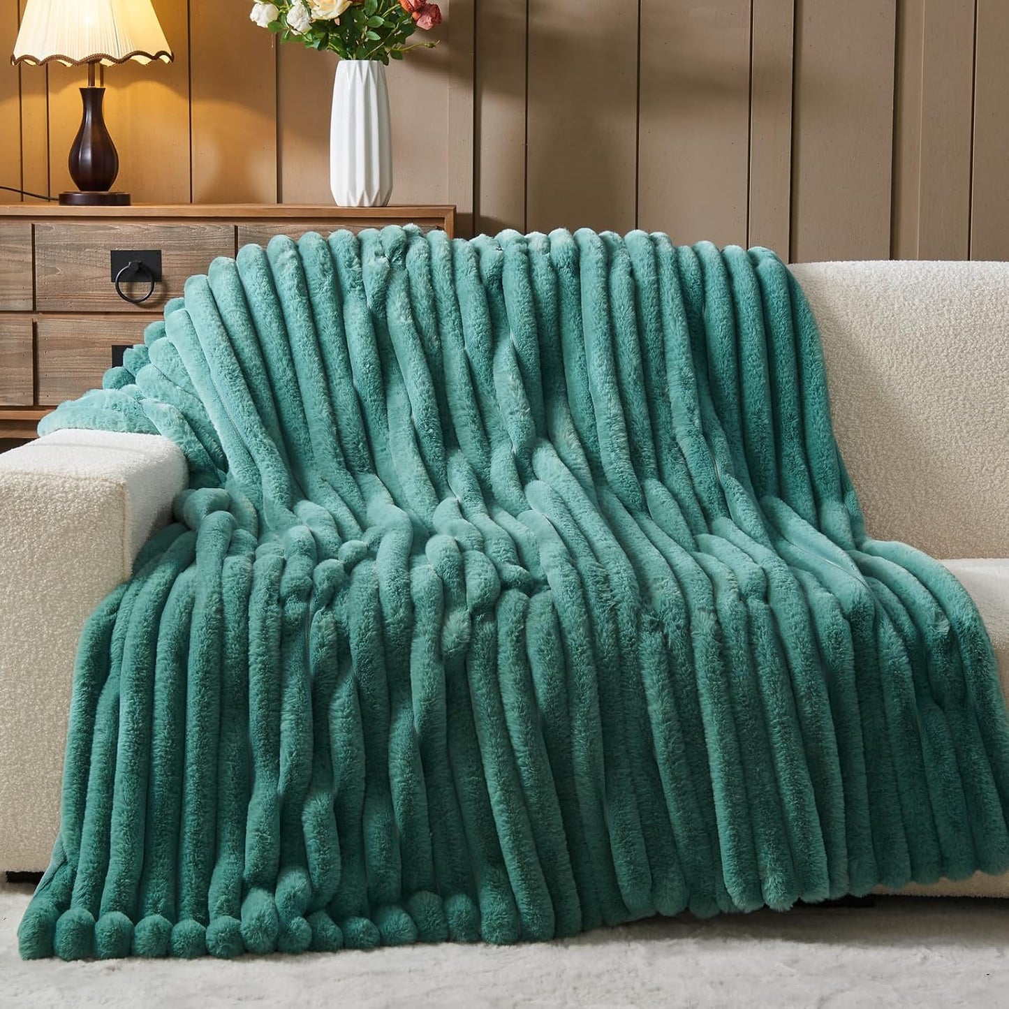 NEWCOSPLAY Faux Fur Twin Blanket Light Teal 3D Ribbed Plush Thick Warm Blanket for Couch Sofa Bed 850GSM (Light Teal Ribbed, Twin(60"x80"))