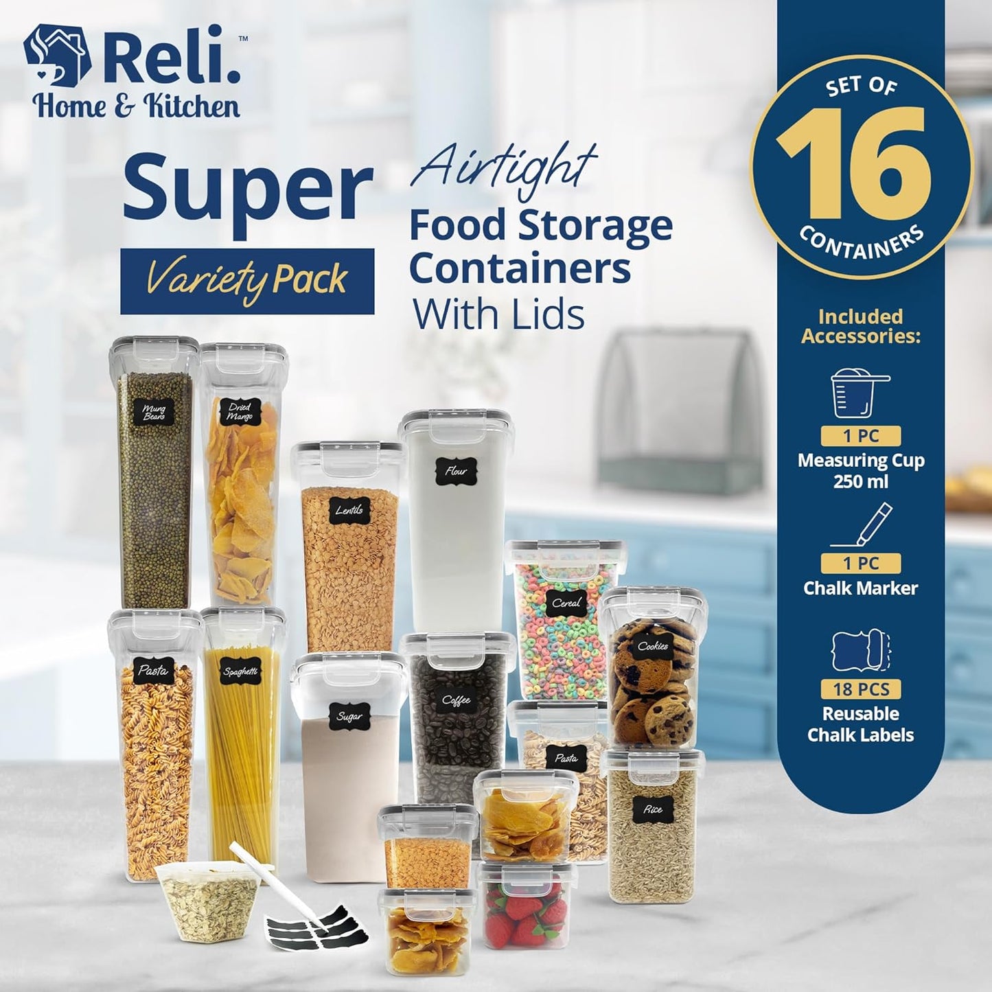 Reli. Airtight Food Storage Containers with Lids (16 Sets) | Kitchen Organizers and Storage Pantry Organizers | BPA Free Plastic Food Containers | Super Variety Pack w/Measuring Cup, 18 Labels, Pen