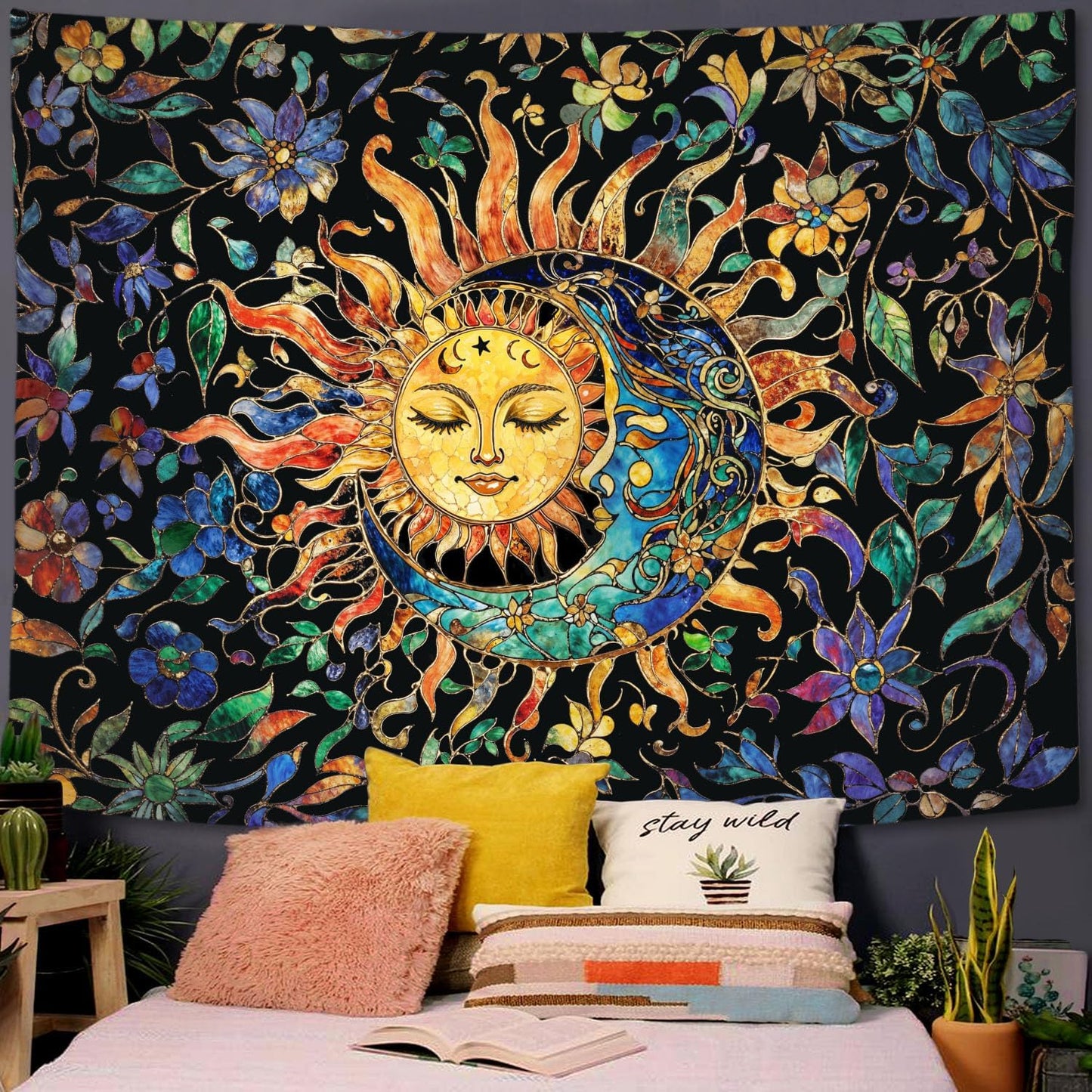 Aipon Sun and Moon Tapestry for Bedroom Boho Hippie Floral Wall Tapestry Aesthetic Vintage Stained Glass Plant Extra Large Tapestries Wall Hanging for Living Room Dorm 90 x 68 Inch