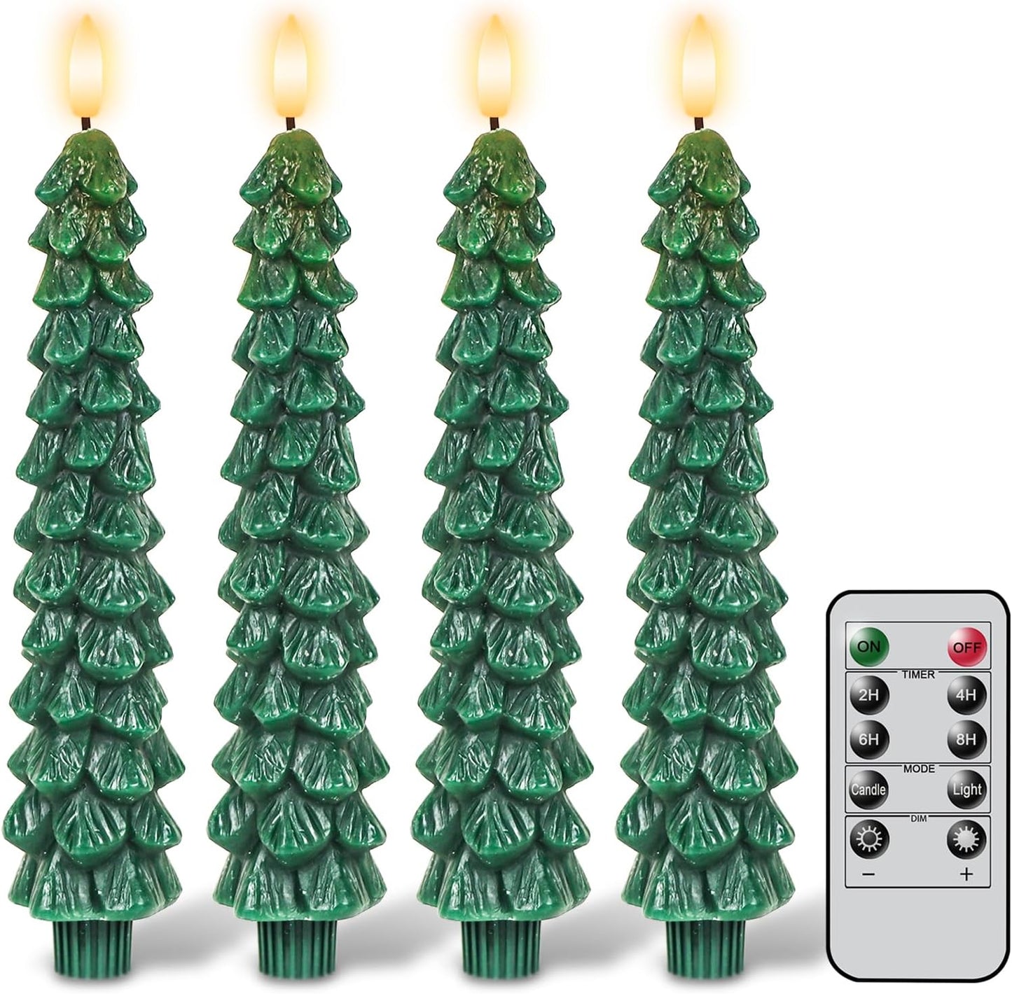 GenSwin Christmas Tree Flameless Taper Candles with Remote Timer, Christmas LED Taper Candles with 3D Flame, 4 Pcs Green LED Candlesticks for Christmas Home Decoration(0.78” x 9.8”)