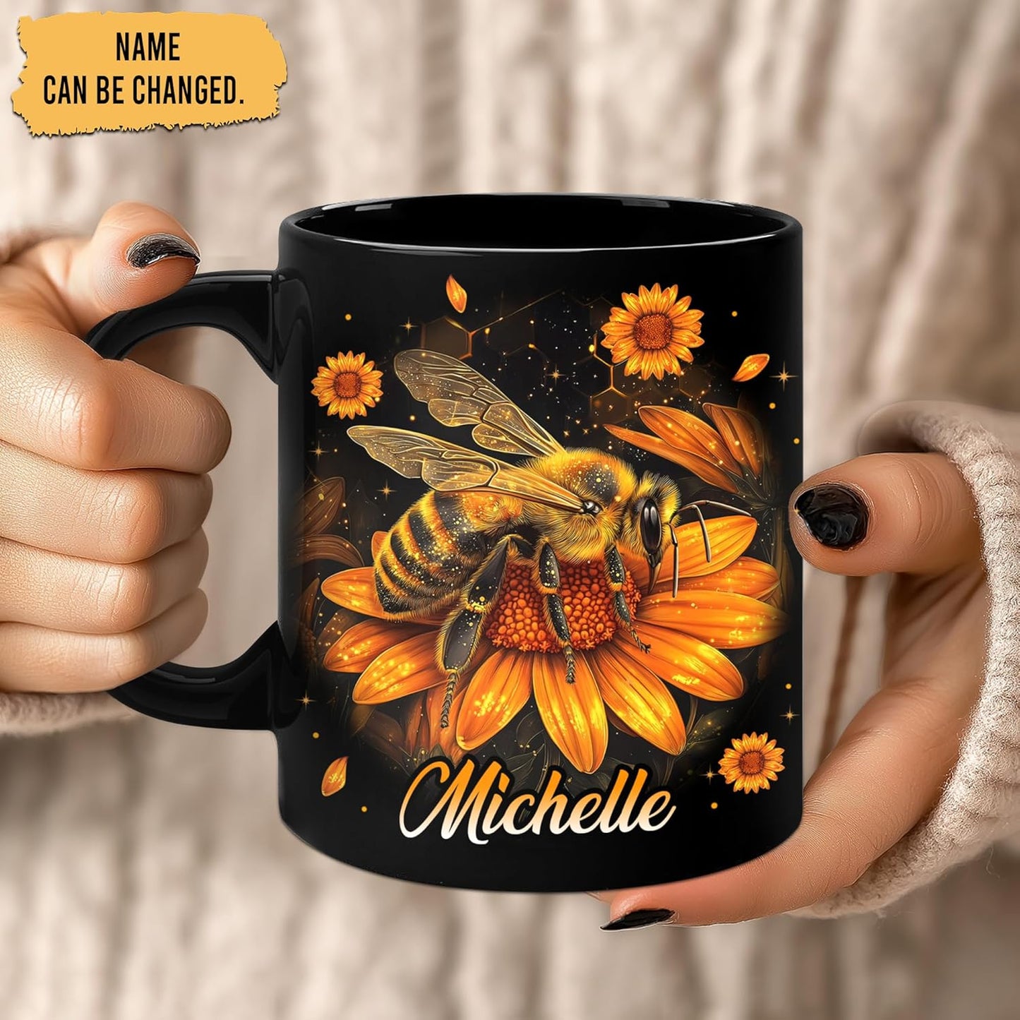 Hyturtle Personalized Sunflower Bee Mug - Bee Keeper Gifts For Women Lovers Teacher - Honey Gifts For Beekeeper Farmer On Birthday - Queen Honeycomb Decor - Custom Coffee Cup Ceramic Mug 11 Oz 15 Oz