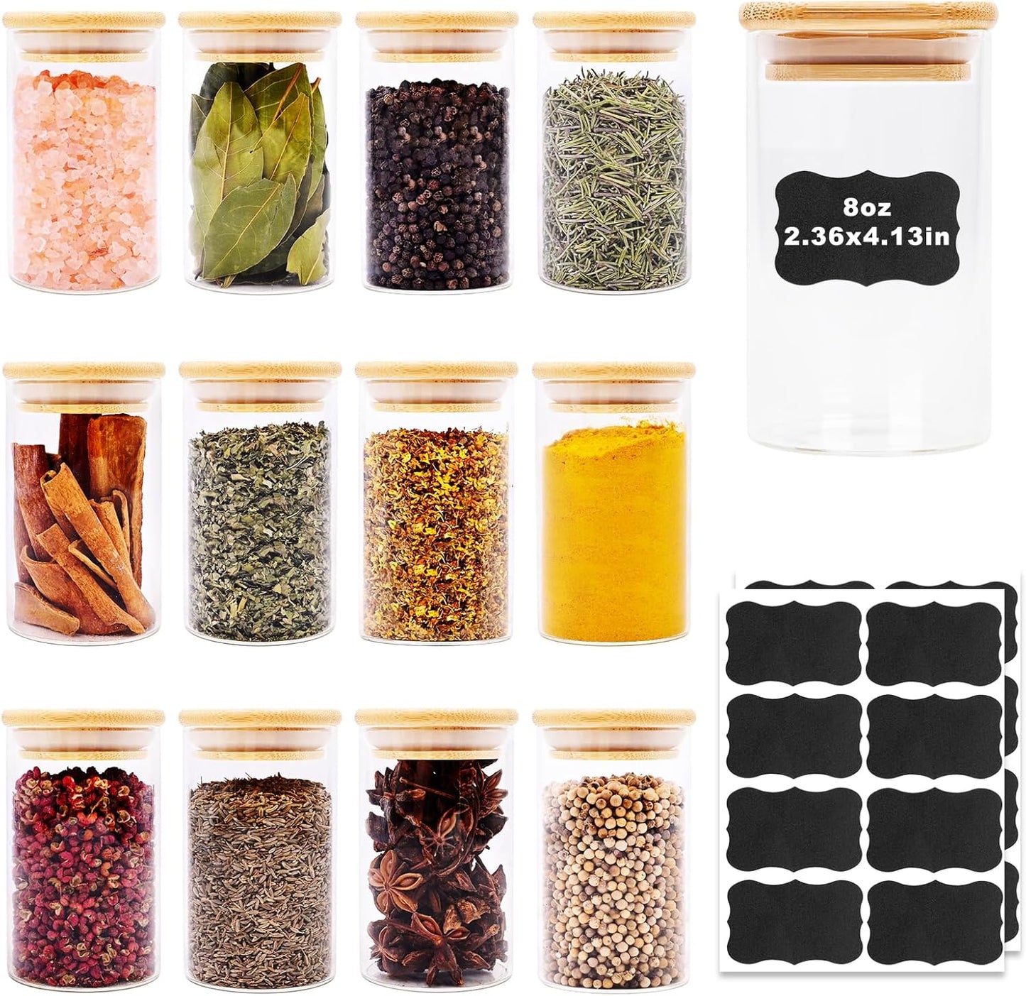 8oz Glass Food Storage Jars, Glass Jars with Bamboo Lids, Kitchen Storage Jars, Set of 12, Canisters with Airtight Lids for Spice, Coffee, Cookie, Pantry Organizers