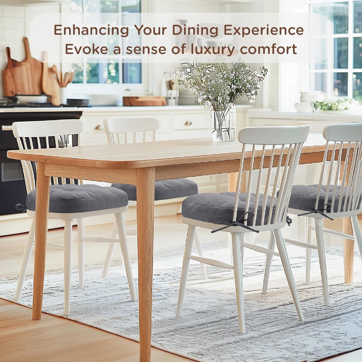 Codi Dining Chair Cushions 4 Pack, Thick Chairs Pads for Indoor Kitchen Room - Washable, Non-Slip Seat Cushion with Ties, 16.5"x16.5"x 3.5", Set of 4, Grey