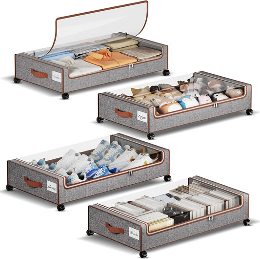 Yecaye Under Bed Storage with Wheels, 4 Pack Under Bed Storage Containers with Clear Lids & Label, XXL Large Lapacity Rolling Under Bed Drawers for Clothes, Shoes, Blankets