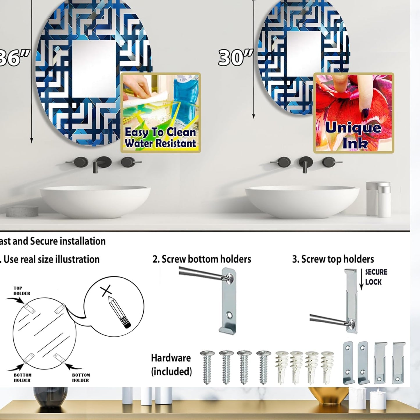 Symmetric Cubes in Deep Cobalt Blue - Geometric Maze - 20x30 Inches - Oval Decorative Wall Mirror for Bathroom, Bedroom, Entryway, Living Room, Vanity Room and Modern Décor