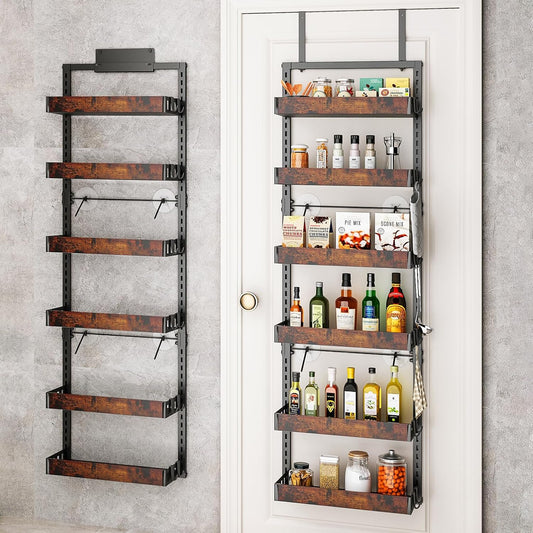 bukfen Over the Door Pantry Organizer, 6-Tier Adjustable Wooden Basket Kitchen Pantry Door Organization and Storage, Heavy-Duty Metal Hanging Kitchen Spice Rack,D6.3 x W17.71 x H50.60 inch,1 Pack
