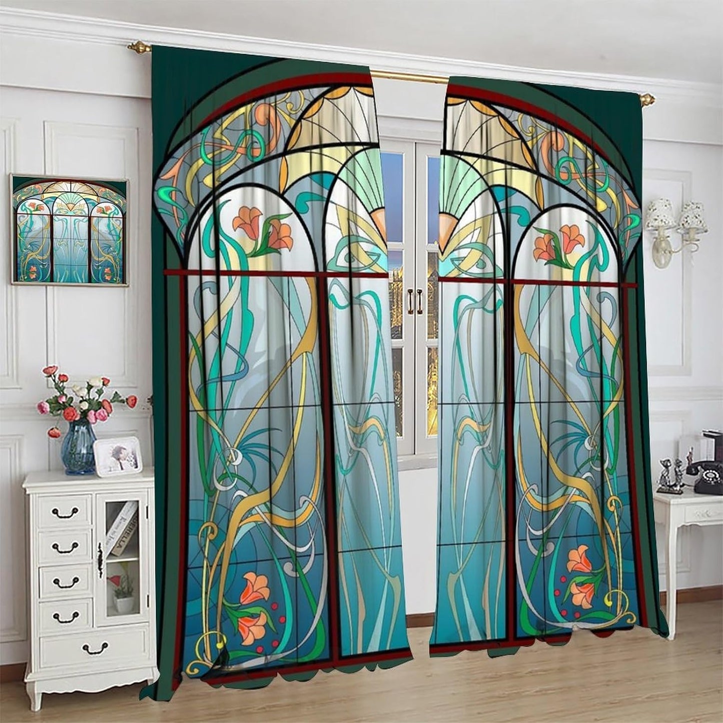 Stained Glass Curtains, Retro Mid Century Boho Abstract Art Home Decor Drapes for Bedroom Living Room Kitchen Window Treatment 2 Panels Set Total Size 52" W X 84" L Inch