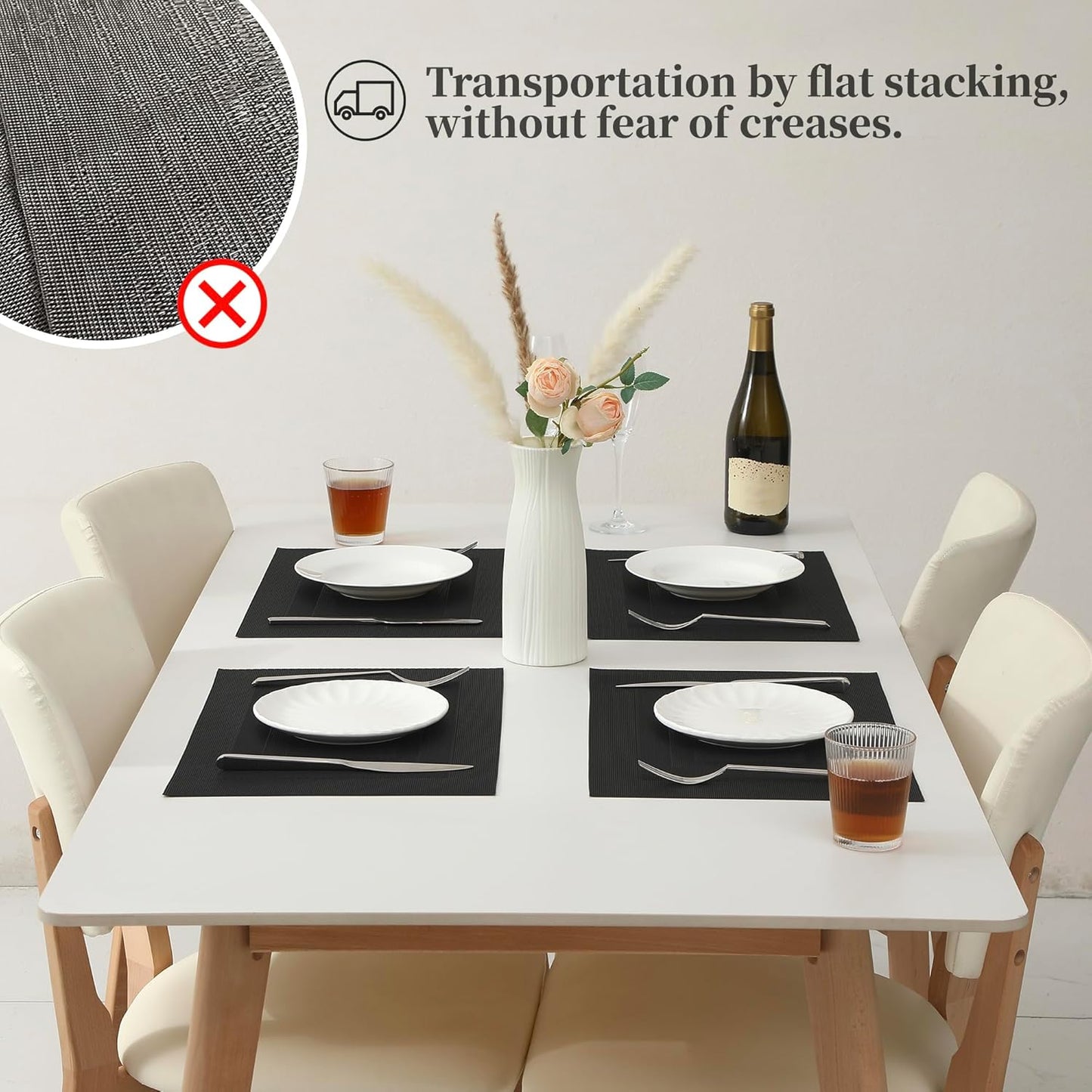 Leetaltree Black Frame Placemats Set of 4 - Heat Resistant Non-Slip Place mats for Dining Table, Washable Durable PVC Vinyl Woven Table Mats（Black Frame, 4）