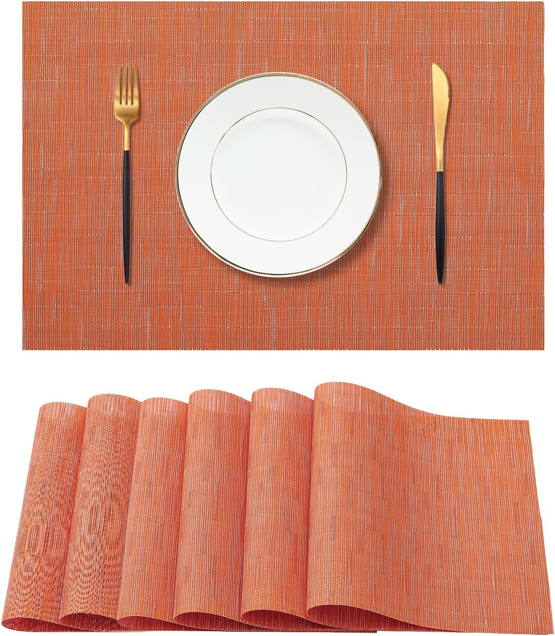 Leetaltree Orange Placemats Set of 6 - Heat Resistant Non-Slip Place mats for Dining Table, Washable Durable PVC Vinyl Woven Table Mats（Orange, 6）
