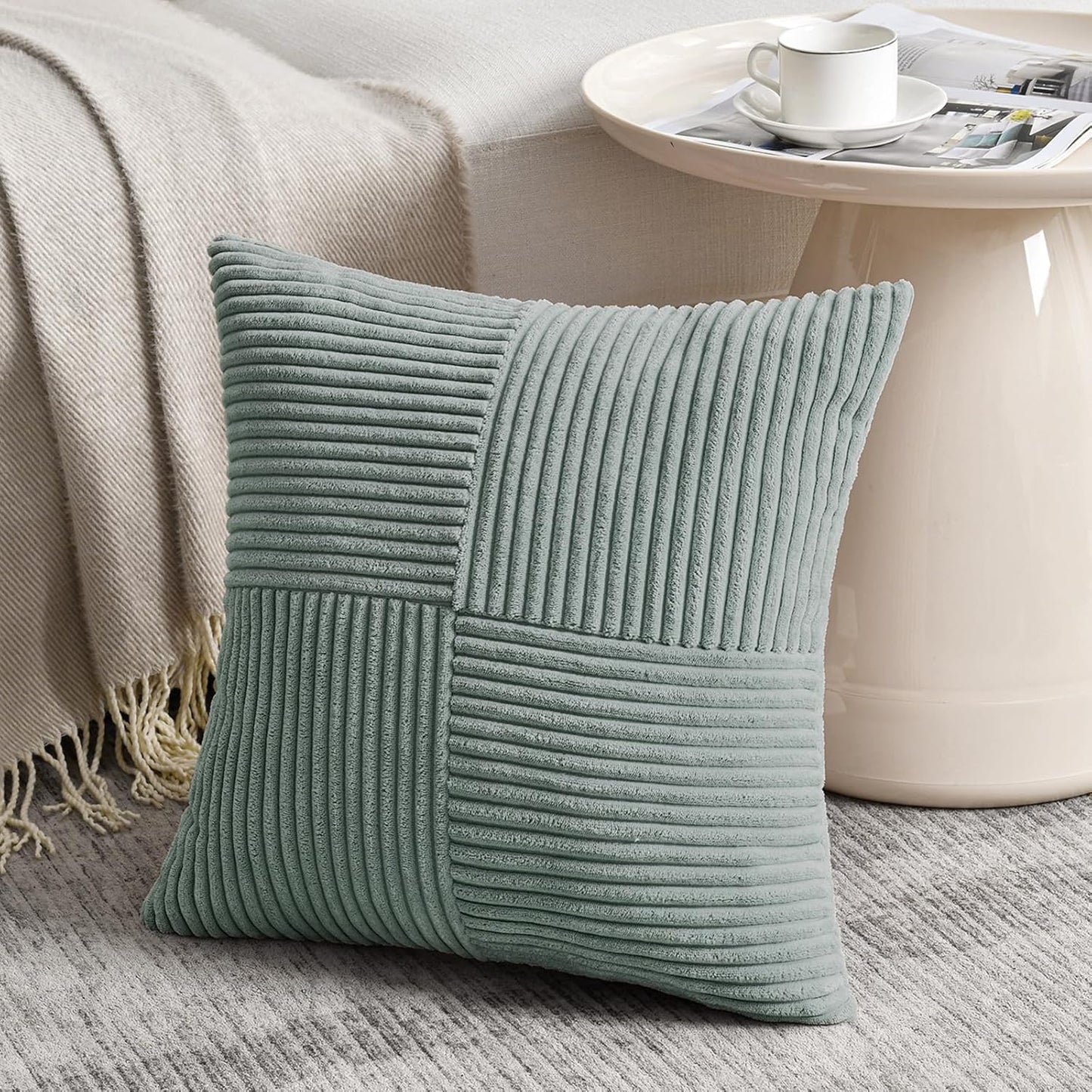 Fancy Homi 2 Packs Grey Blue Euro Decorative Throw Pillow Covers 24x24 Inch for Couch Bed Sofa, Rustic Farmhouse Boho Home Decor, Soft Corss Corduroy Patchwork Accent Big Square Cushion Case 60x60 cm