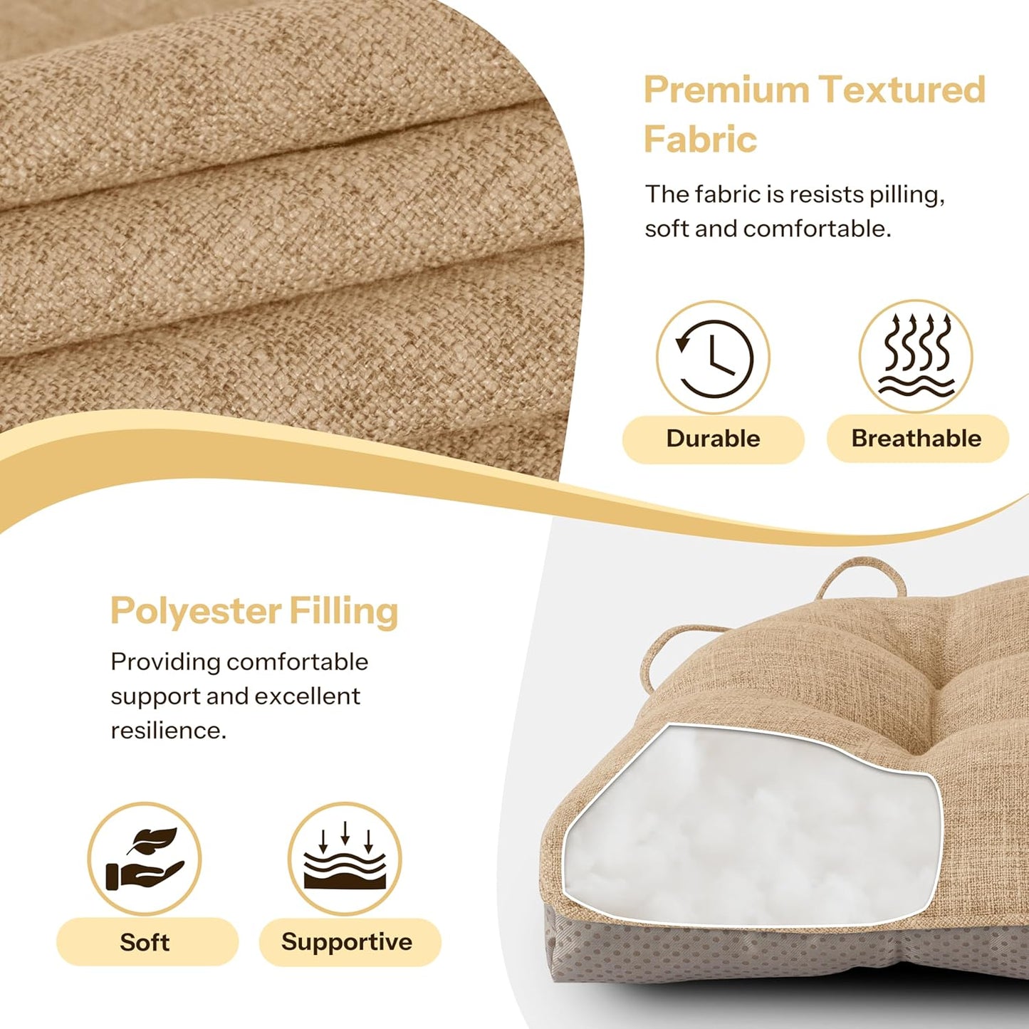 Non Slip Chair Cushions for Dining Chairs Set of 4 Kitchen Chair Cushions 18"x18"x3" Turfted Chair Pads Comfortable and Soft Seat Cushion with Ties, Cappuccino