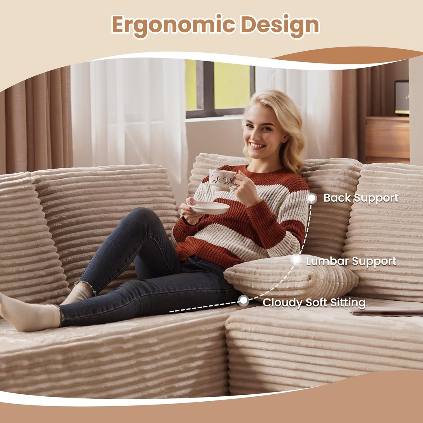 HOOOWOOO Cloud Sectional Couches for Living Room,Modular Sectional Sofa No Assembly,136X133 Inch Plush Corduroy Large G Shaped Floor Couch Set with Deep Seat Chaise Ottoman(Beige)