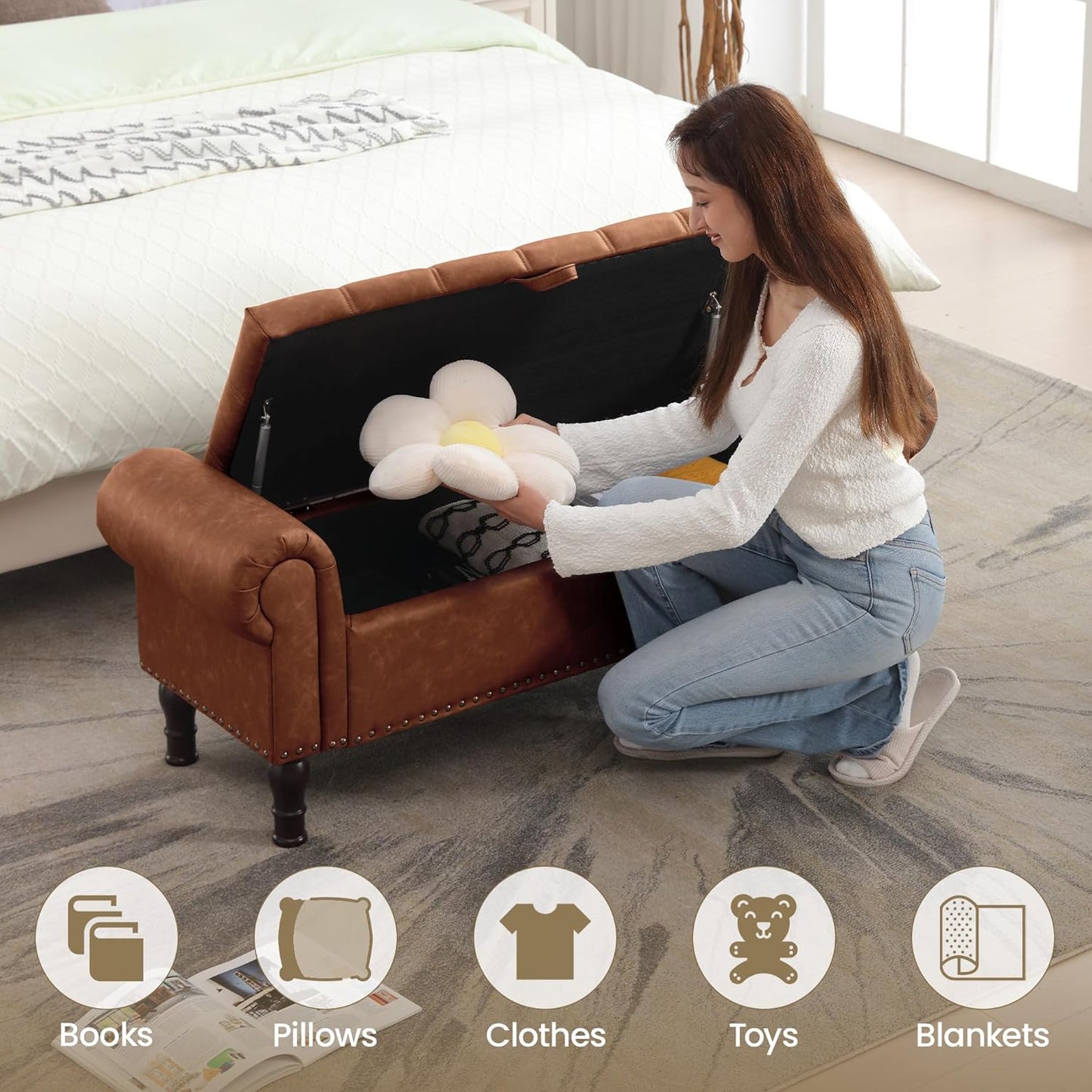 51" Storage Ottoman Bench for Bedroom, Full Queen Storage Bench with Button, Upholstered Bedroom Bench with Rolled Arms for Living Room, Storage Room, Entryway, Brown