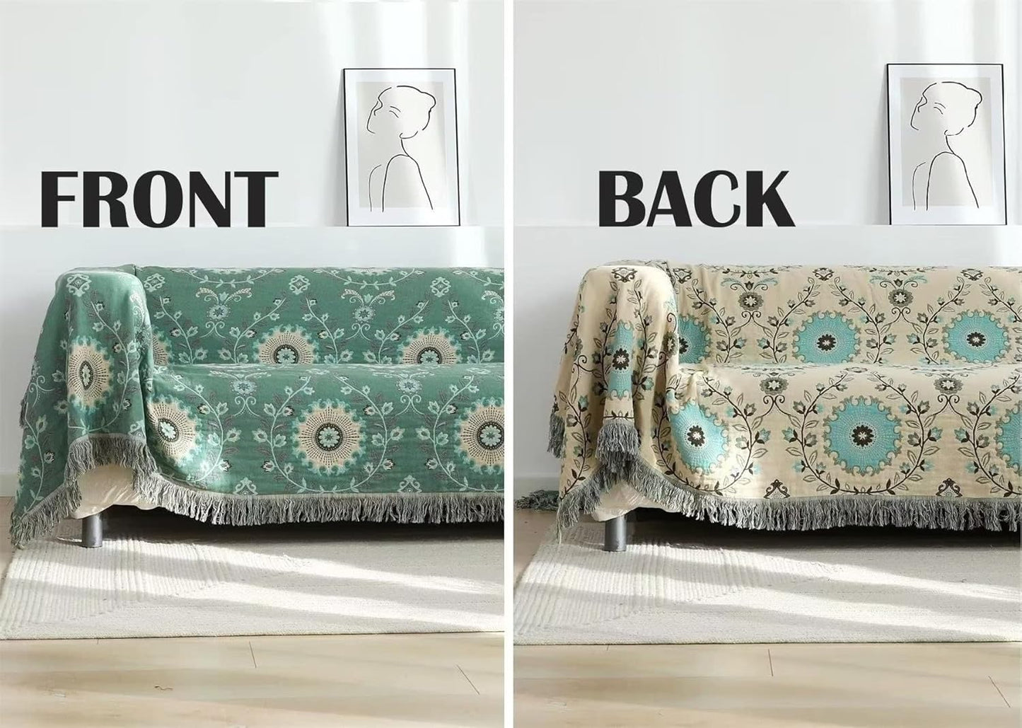 MSGKV Boho Throw Blanket for Couch Bed 100% Cotton Blankets Woven Green Blanket,Versatile Double Sided, Super Soft Warm Blanket 60''x 80''