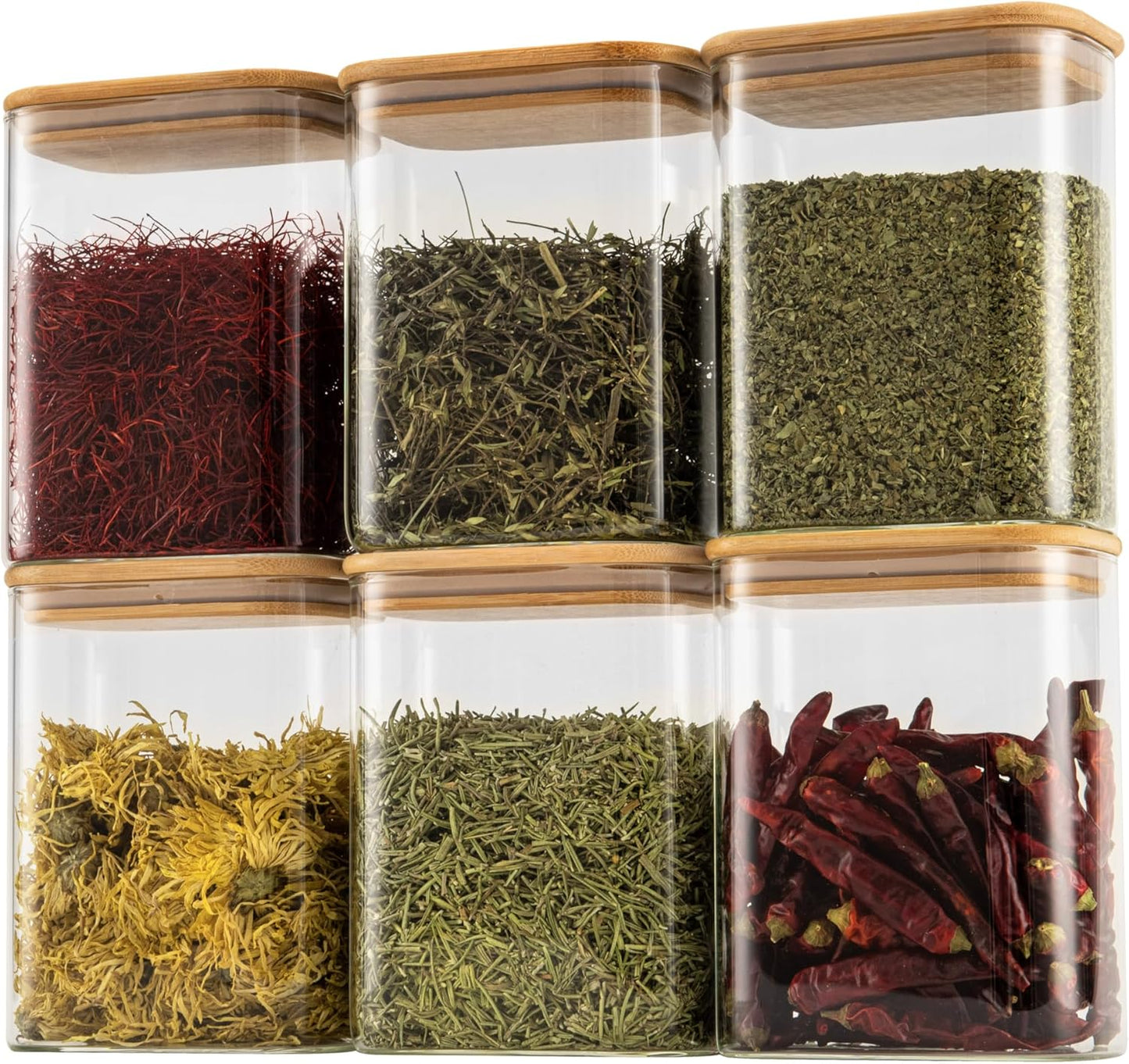 37oz Rectangle Airtight Glass Storage Containers with Bamboo Lids (Set of 6), Square Food Storage Jar, Pantry Organizers for Cereal, Nuts, Snacks and Coffee beans (‎with Black Lable)