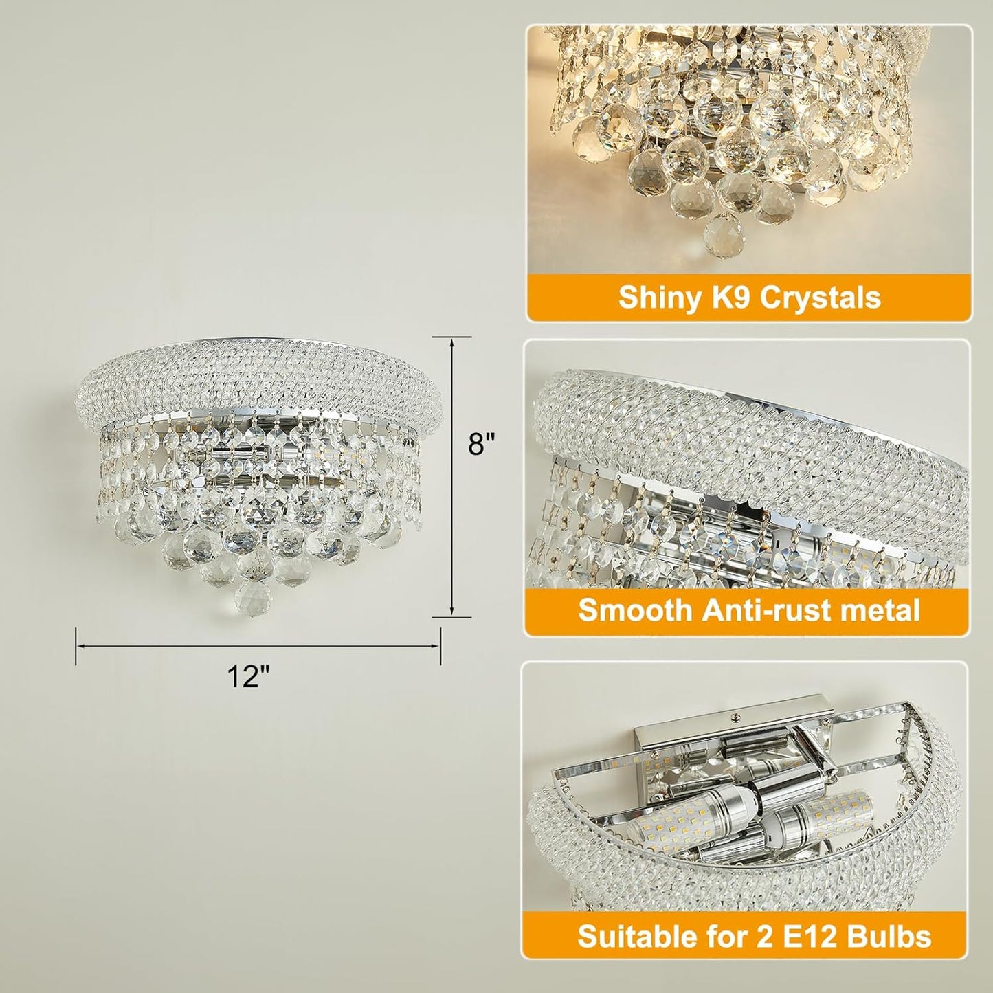 Empire Crystal Wall Sconces, Chrome Wall Light Fixtures, Luxury Wall Lamp for Living Room Bedroom Bathroom Bedside Hallway Stairway
