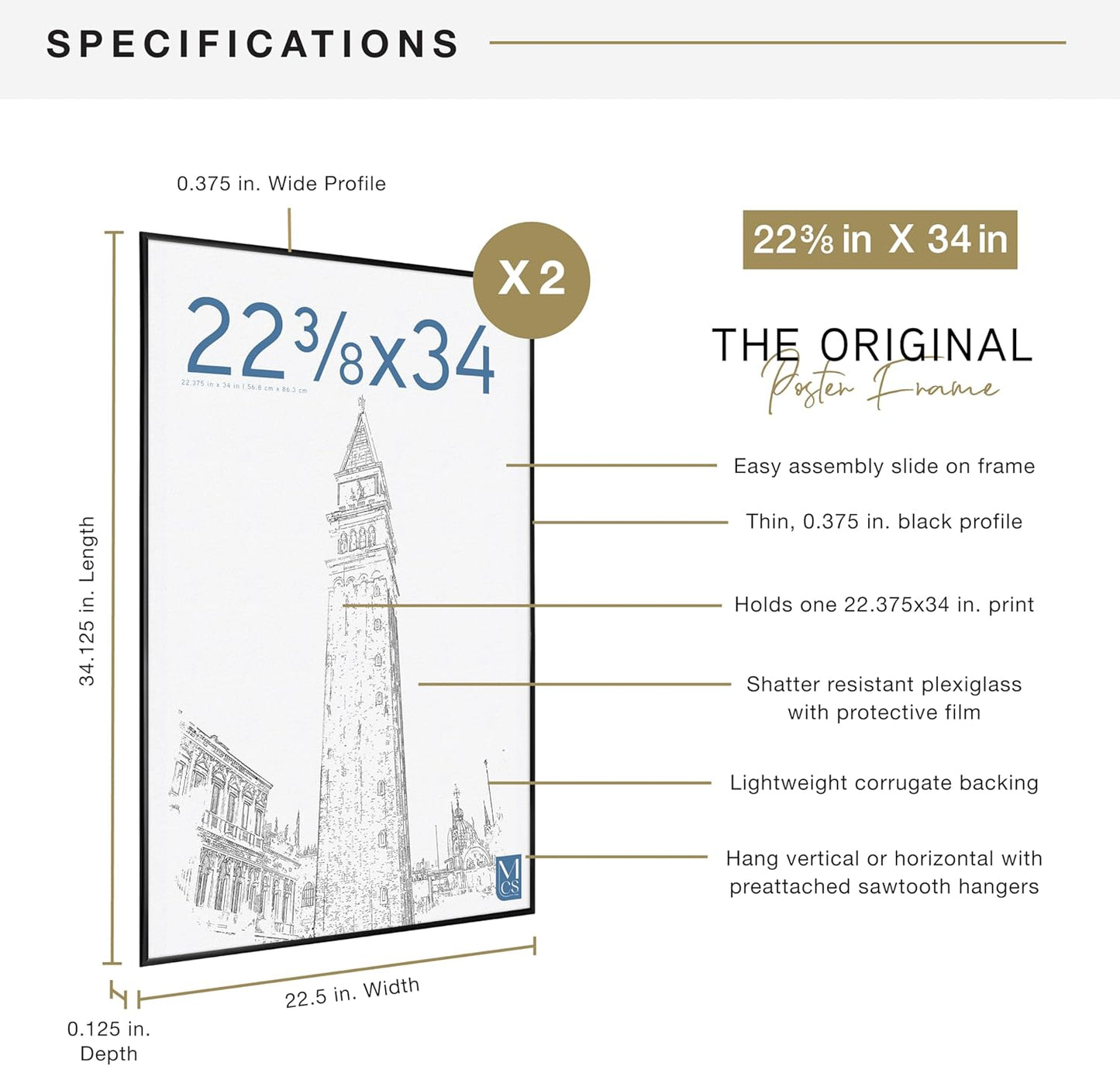 MCS Original Poster Frame 22.375x34 Black Lightweight Vertical & Horizontal Wall Hanging Large Picture Frame for Posters, Art Prints & Gallery Wall (2-Pack)