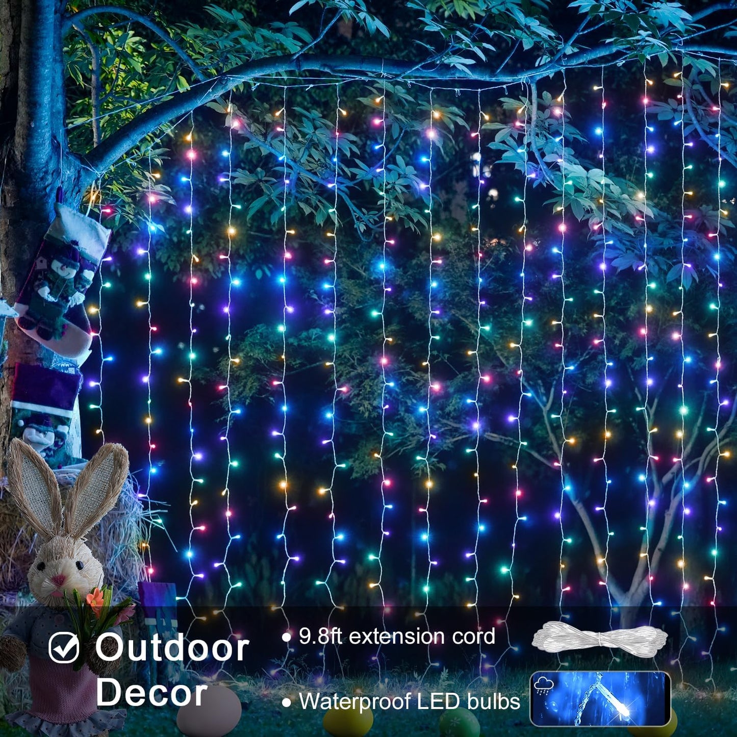 JMEXSUSS 300LED Easter Decorations Curtain Lights with Remote, 9.8x9.8ft Easter Sting Lights Plug in for Bedroom Wall Window Party Backdrop Porch Patio Garden Yard Indoor Outdoor Decor