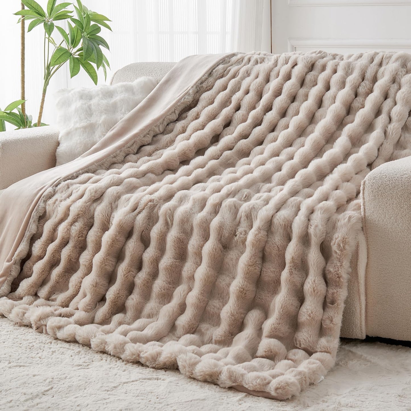 Lotus Karen Faux Fur Throw Blanket Linen - 800 GSM Bubble Rabbit Fluff Blanket for Couch Bed Sofa,Softest Fluffy Fuzzy Cozy Blanket,Thick Furry Plush Shaggy Warm Blankets for Women,60x80 Inches