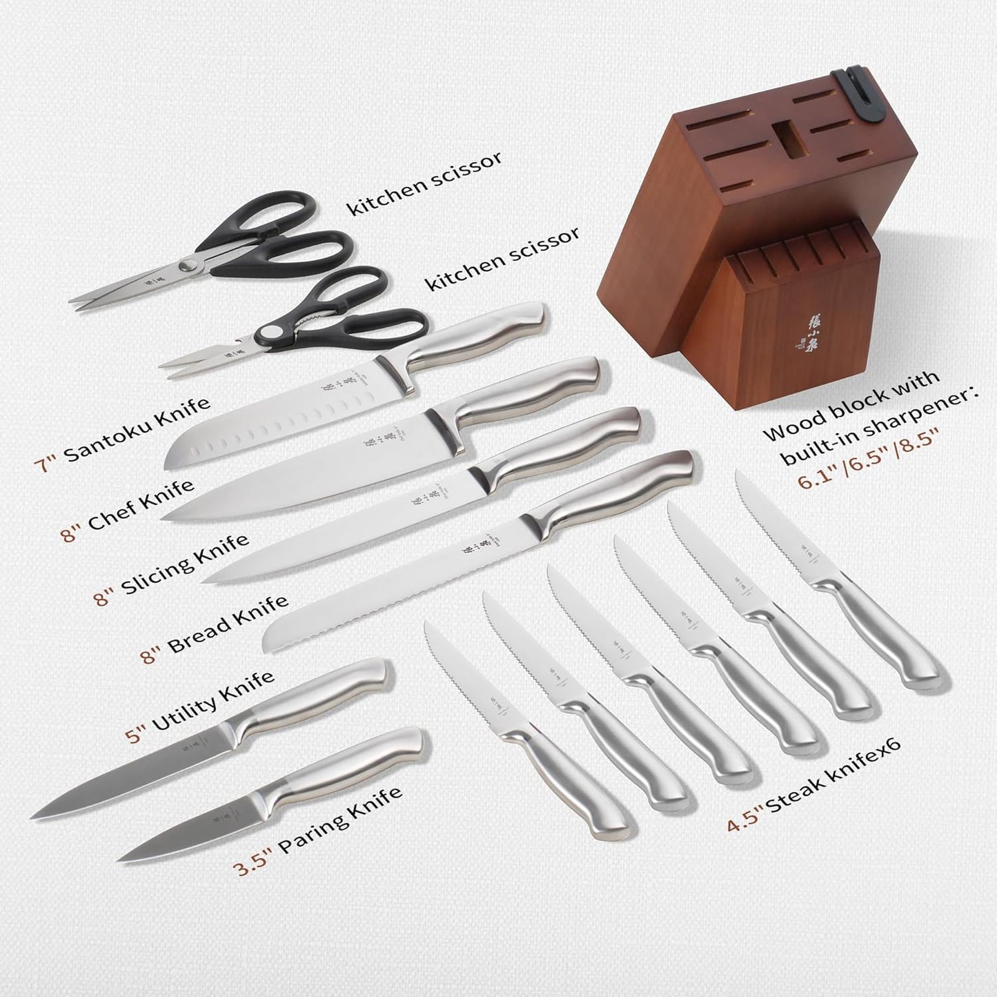 ZHANG XIAO QUAN SINCE 1628 15Pcs Knife Block Set,kitchen knife set with Built-in Sharpener Razor-Sharp High Carbon Stainless Steel Dishwasher Safe(Silver)