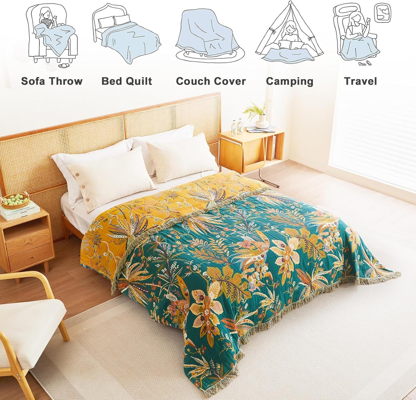 MSGKV Boho Throw Blanket for Couch Bed Chair 100% Cotton Muslin Breathable Embroidery Blanket 50"x60" Sofa Blankets for All Seasons Lightweight Farmhouse Blankets Boho Home Decor