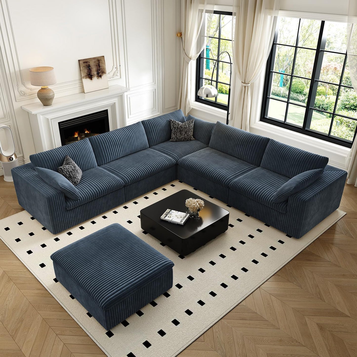 118" Cloud Couch Oversized Modular Sectional Sofa for Living Room,Modern Sofa with Deep Seat，6 Seater Boneless Couch,Comfy Upholstered Corduroy Couches for Apartment, Studio, Office,Bedroom，Blue