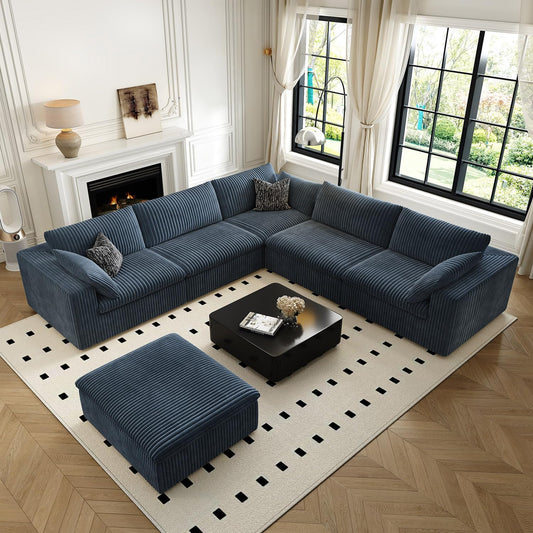118" Cloud Couch Oversized Modular Sectional Sofa for Living Room,Modern Sofa with Deep Seat，6 Seater Boneless Couch,Comfy Upholstered Corduroy Couches for Apartment, Studio, Office,Bedroom，Blue