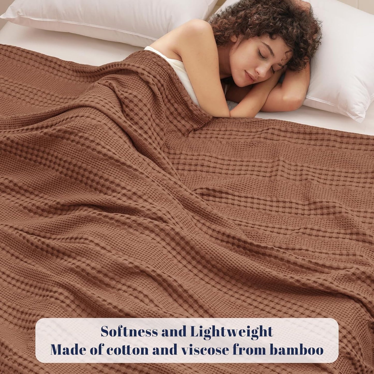 PHF Cooling Waffle Blanket Twin Size, Lightweight 60% Rayon Derived from Bamboo & 40% Cotton Breathable Blanket for Hot Sleepers, Soft and Luxury for Bed Couch and Sofa, 66"x90", Burnt Umber