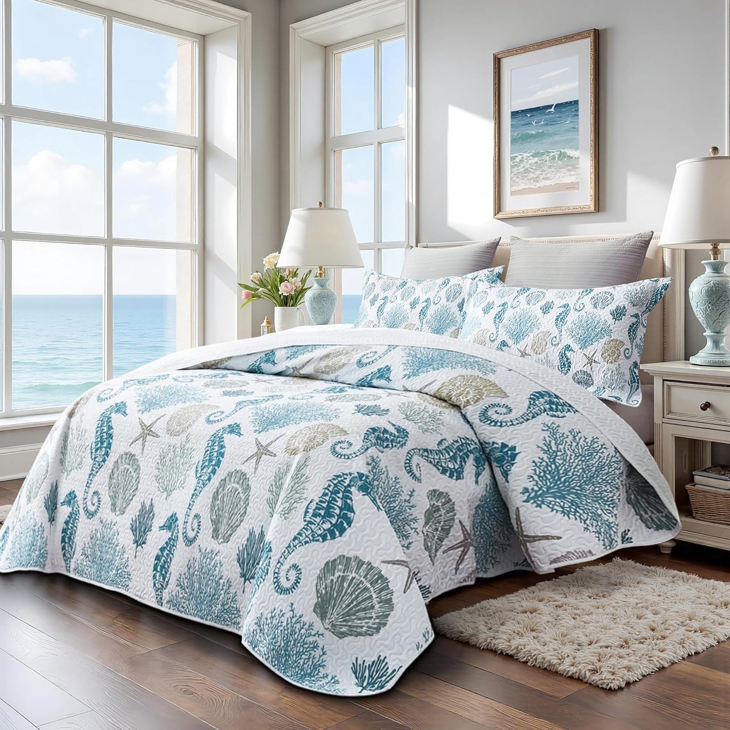 Coastal Bedding California King Size Coastal Quilt with 2 Shams, Nautical Beach Comforter Sets Ocean Bedspreads Blue Seahorse Coverlet Summer Bedding, 106''x118''