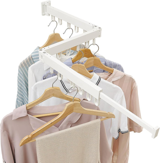 Clothes Drying Rack Wall Mounted, Laundry Drying Rack Collapsible, Space Saving Wall Drying Rack Clothing Foldable, Tri-Fold Retractable Rack Outdoor Indoor with 18 Hooks(White，Loop-Shape Hooks)