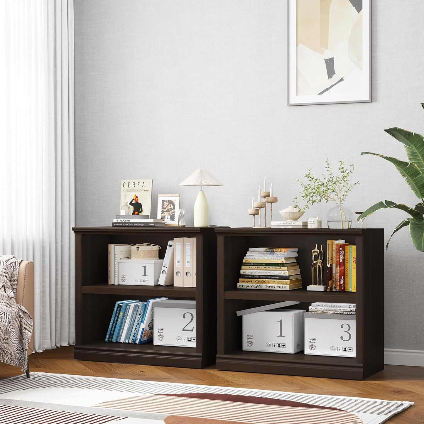 Bookcase, Open Storage Book Cases/Shelves, Floor Standing Indoor Furniture 2 Shelf Book case for Farmhouse Library Office Bedroom Kids, Dark Cherry - 2 Tier