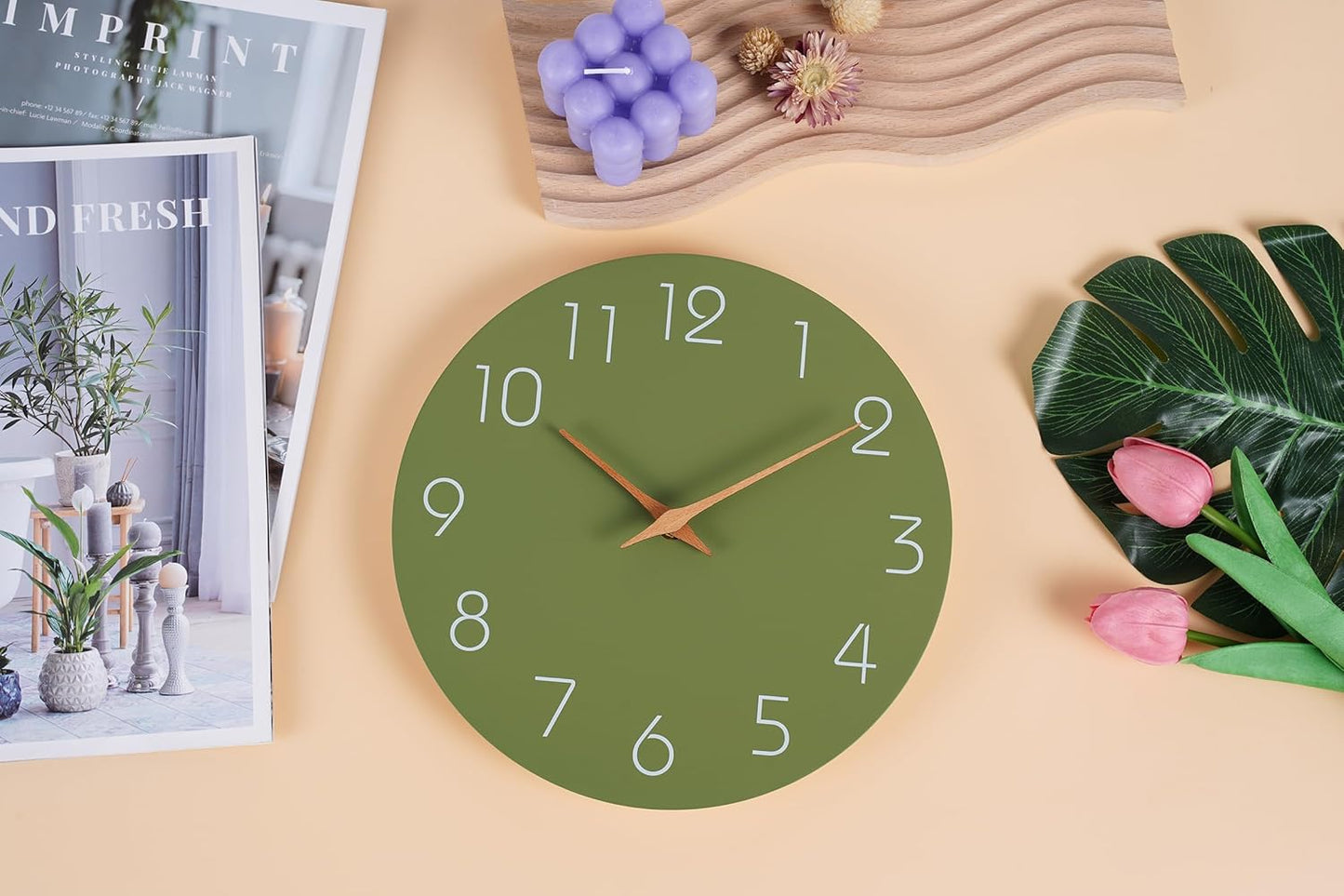 Mosewa Modern Wall Clock Silent Non-Ticking 14 Inch Olive Green Battery Operated Simple Minimalist for Living Room Office Bedrooms Kitchen Home Decor