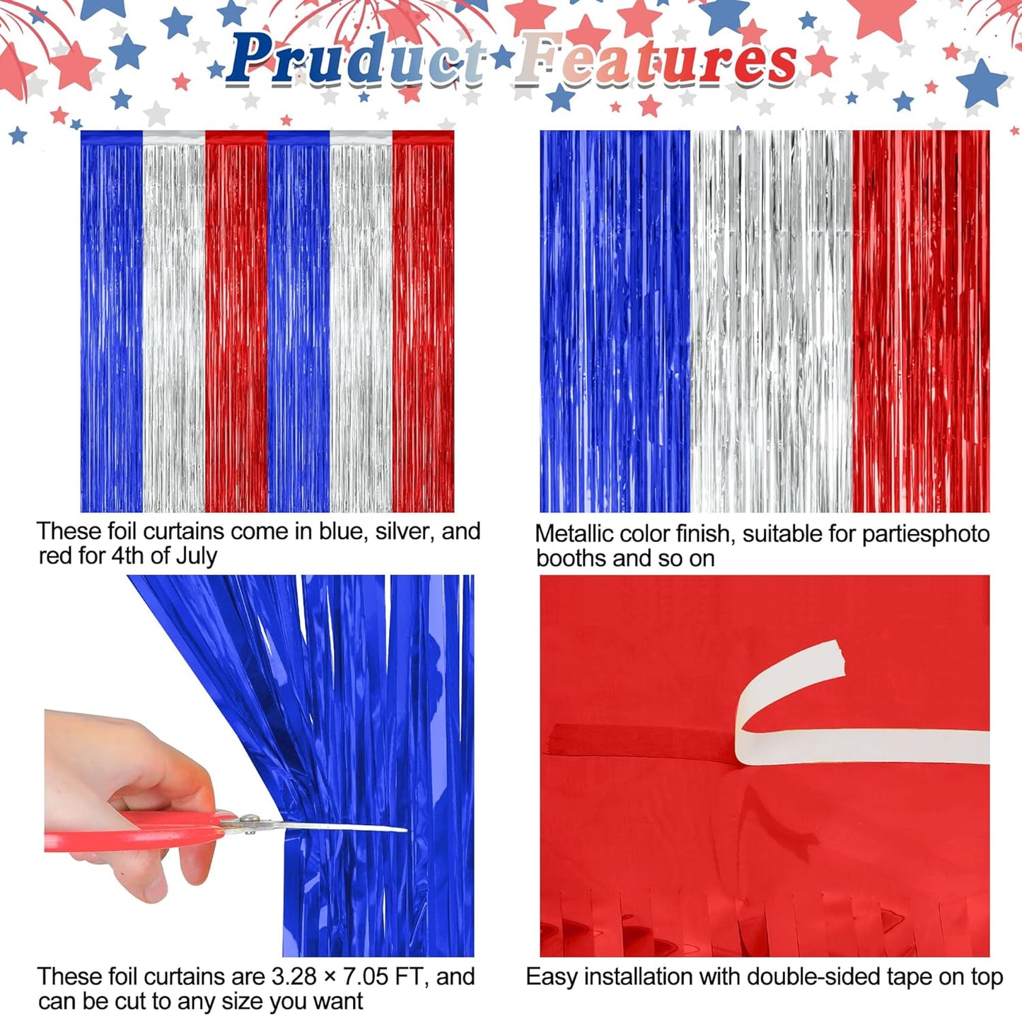 2 Pack 4th of July Party Supplies, 3.28 FT x 7.05 FT 4th of July Tinsel Backdrop, Blue Silver Red Color Fringe Curtains Streamer Backdrop, 4th of July Photo Backdrop Party Decorations