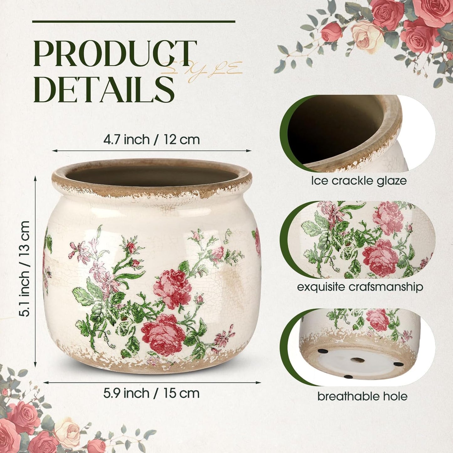 Vintage Planter Large Ceramic Plants Pot Beige Pink French Rose Ice Crack Cottage Scroll Vase Flower Vase Pot Indoor Plants Home Kitchen Decor Farmhouse Antique Decorative Gifts