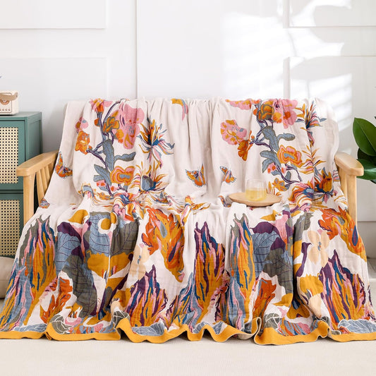 Snycler Boho Throw Blanket for Bed - 100% Cotton Ultra Soft Rustic Quilt - Watercolour Floral Printed Farmhouse Decor Bed Fall Blankets,80"×90" All Season Rustic Throw for Sofa Couch Chair