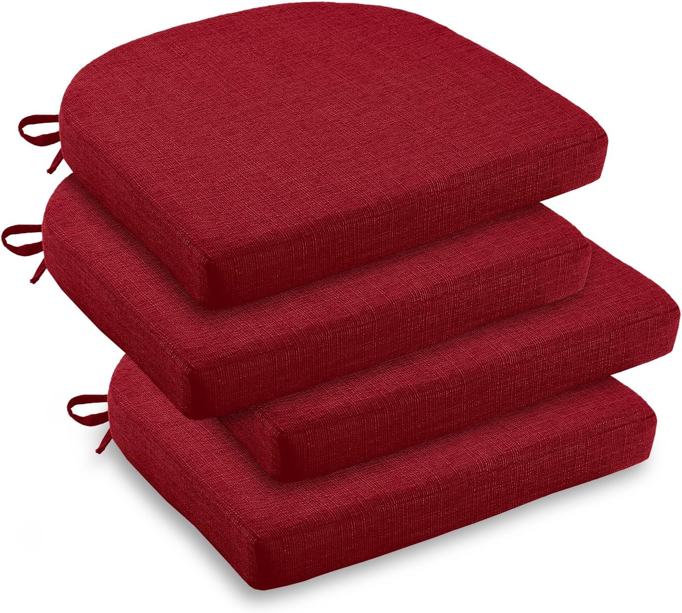 downluxe Indoor Chair Cushions for Dining Chairs, Soft and Comfortable Textured Foam Kitchen Chair Pads with Ties and Non-Slip Backing, 16" x 16" x 2", Red, 4 Pack
