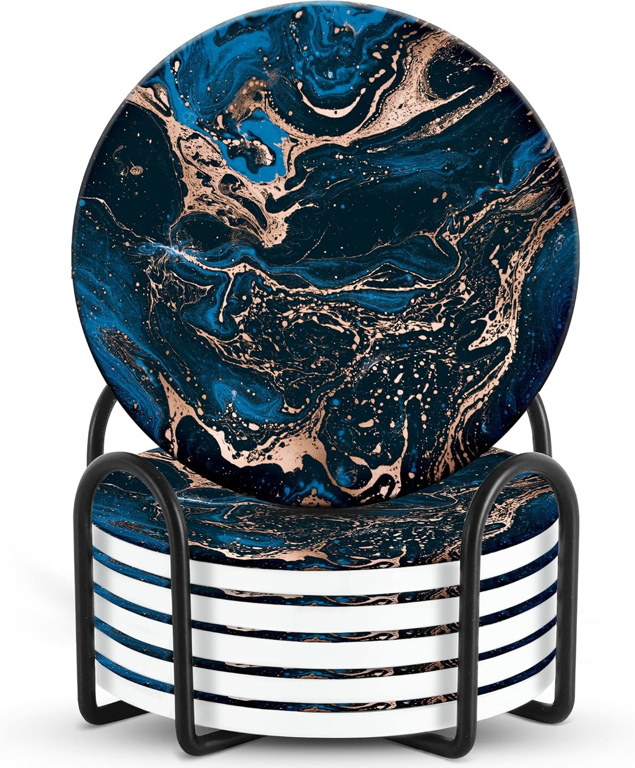 Emerson Coasters for Drinks Absorbent – Natural Stone Drink Coasters Set with Holder, Coasters for Coffee Table, Wooden Tabletop Protection Marble Style – 100% Heavy Duty Set of 6 (Royal)