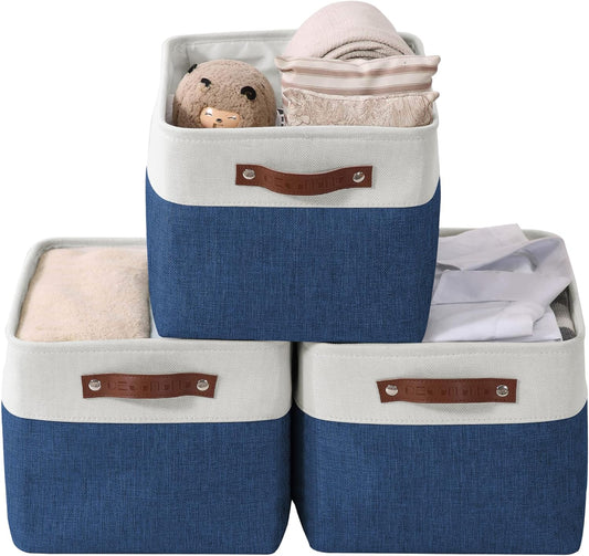 DECOMOMO Storage Bins Fabric Storage Baskets for Shelves, Linen Closet Organization Toys Nursery (Navy Blue and White, Large - 3 Pack)